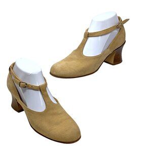 JOAN HELPERN Signature Tan Suede T Strap Handmade Pumps‎